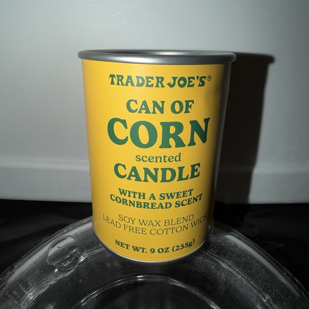 Trader Joe's Can of Corn Scented Candle 9oz Soy Wax Sweet Cornbread 40 Hours